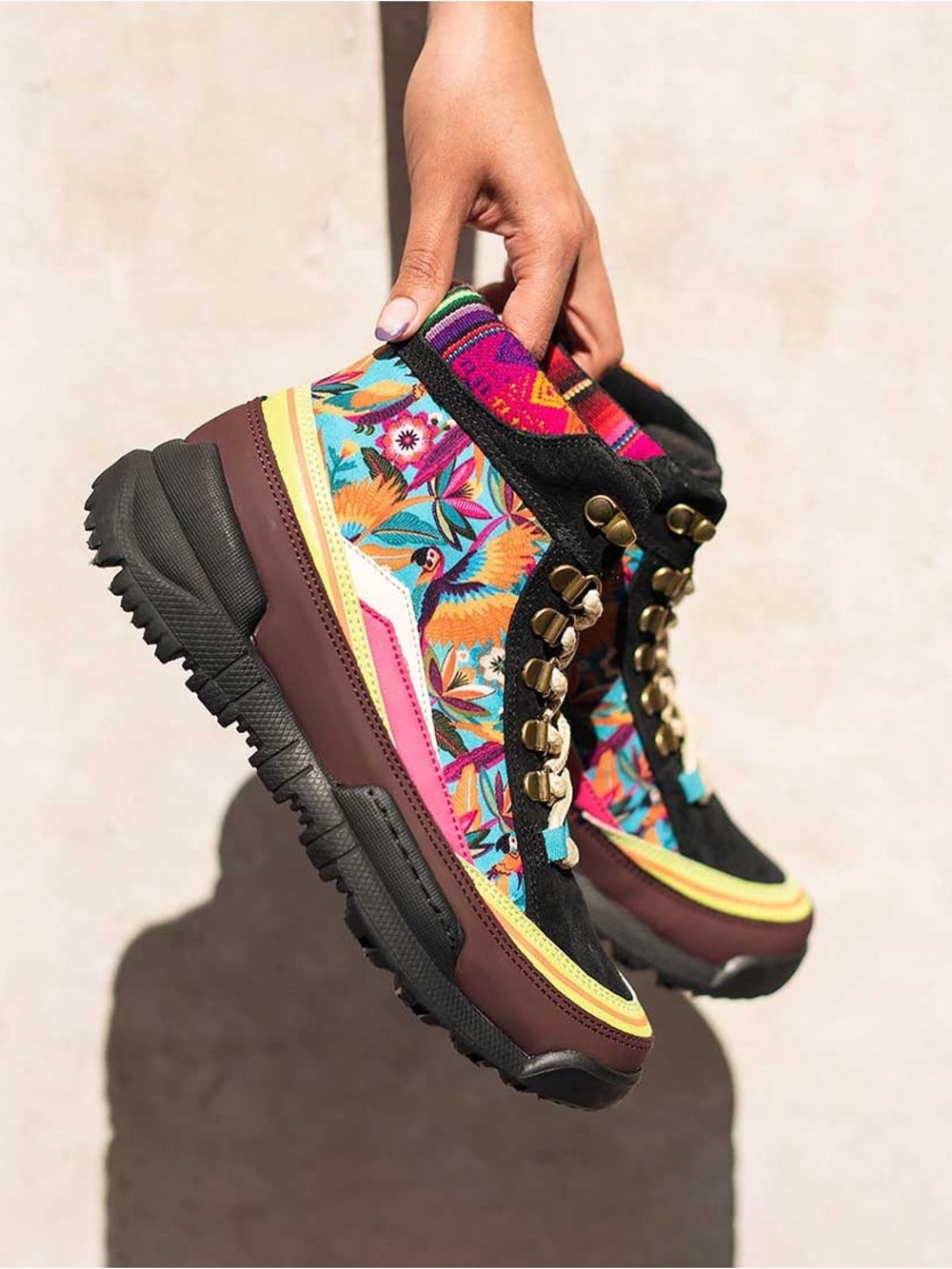 inkkas Multicolor Floral Hiker Boots with Brown Trim